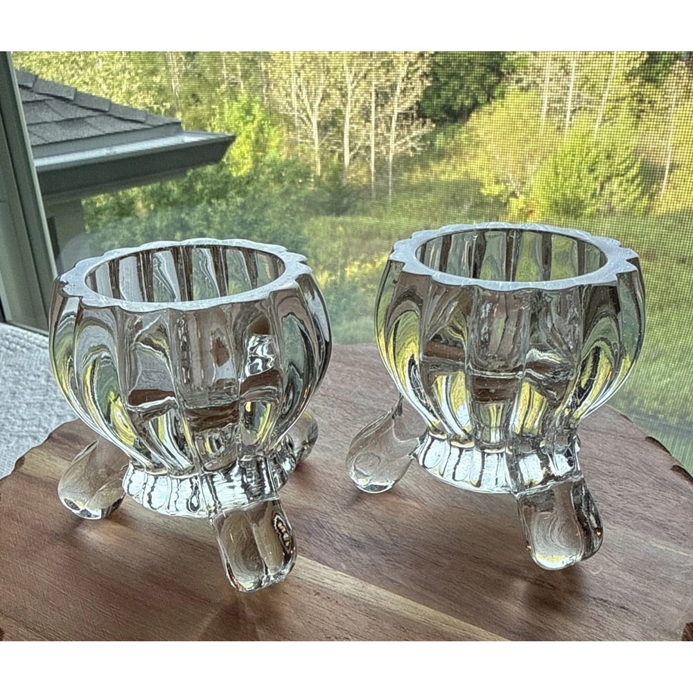 VTG Jeannette Glass Lot 2 Clear Ribbed Footed Votive Taper Candle Holder 3" Tall